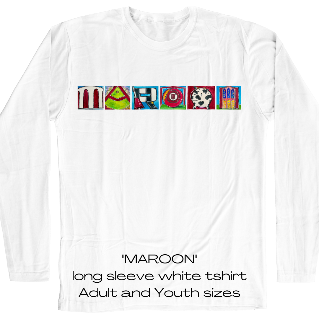 "MAROON" design on long sleeve white t-shirt, adult and youth sizes Main Image